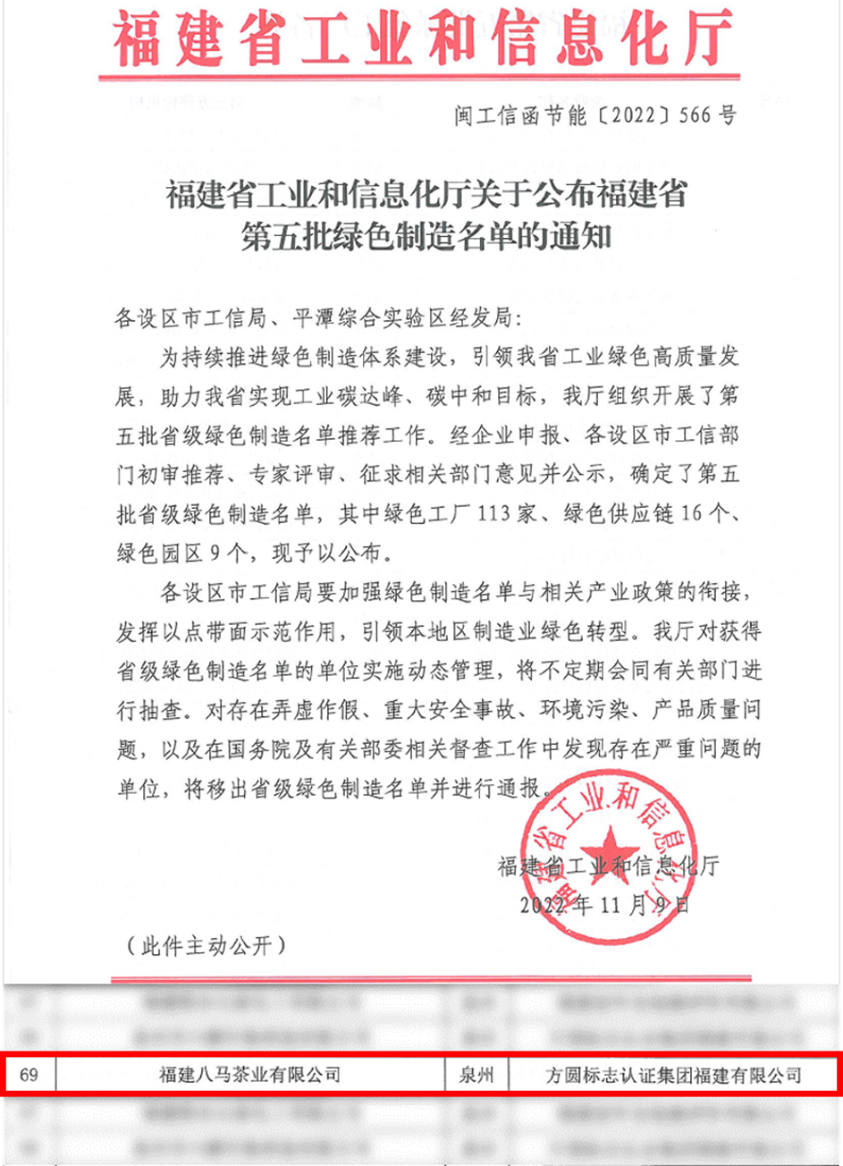 福建省第五批绿色制造名单公布 八马茶业成为唯一上榜茶企